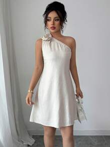 Selianne Robe décontractée en lin sans manches avec une épaule, robe ample et élégante pour les vacances et le travail avec décoration florale et fente latérale, printemps/été, sortie - Nude - Voir 4