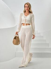 CLARA VERO Elegant Cream Knit Crop Cardigan And Skirt Set Cover Up - White - View 7