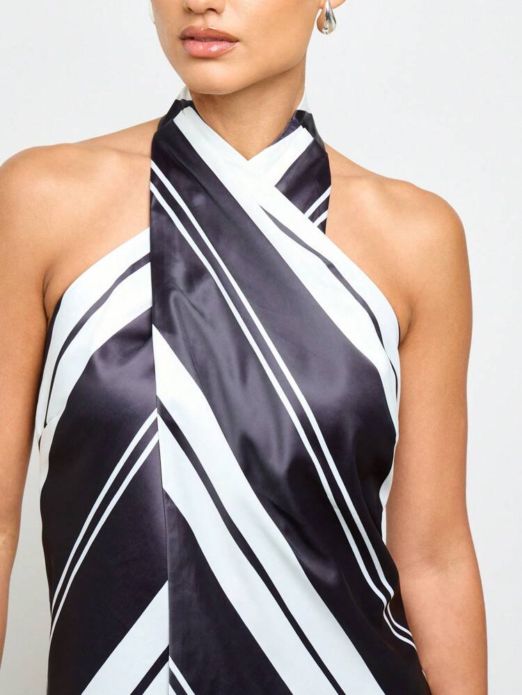 Striped Overlap Halter Neck Satin Finish Top