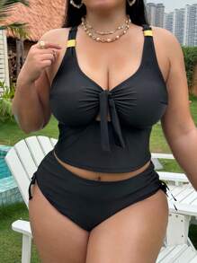 SHEIN Swim Curve Ensemble de maillot de bain tankini à nœud devant de couleur unie pour femme grande taille