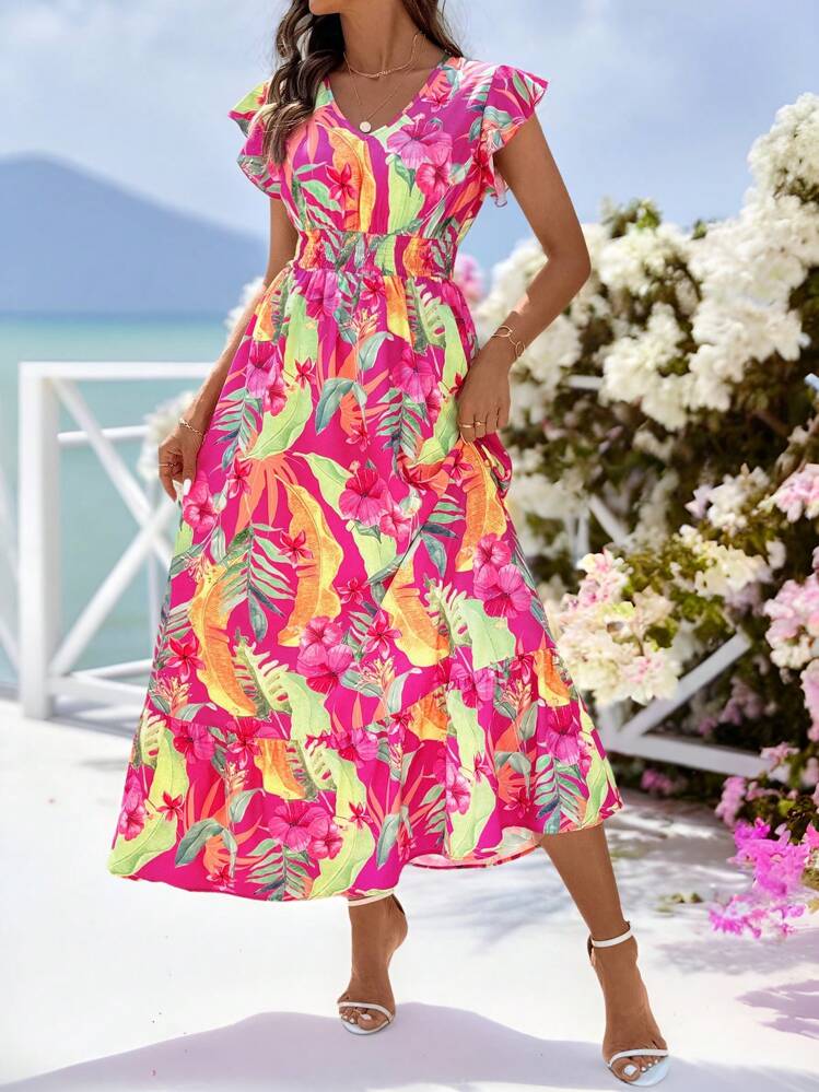 SHEIN Clasi Nieuwe elegante geplooide capmouwen voor dames, geplooide taille, elastische taille met ingesnoerde taille, vakantiejurk, zomeroutfits voor dames, strandkleding, Pasen, strandoutfits voor dames, voorjaarsvakantie, vakantie-outfits voor dames, concertoutfits voor dames, BOHO, muziekfestival, tropische vakantiekleding voor dames, romantische zomerjurken voor dames, zomerjurken voor dames - Veel kleurig - Bekijken 5