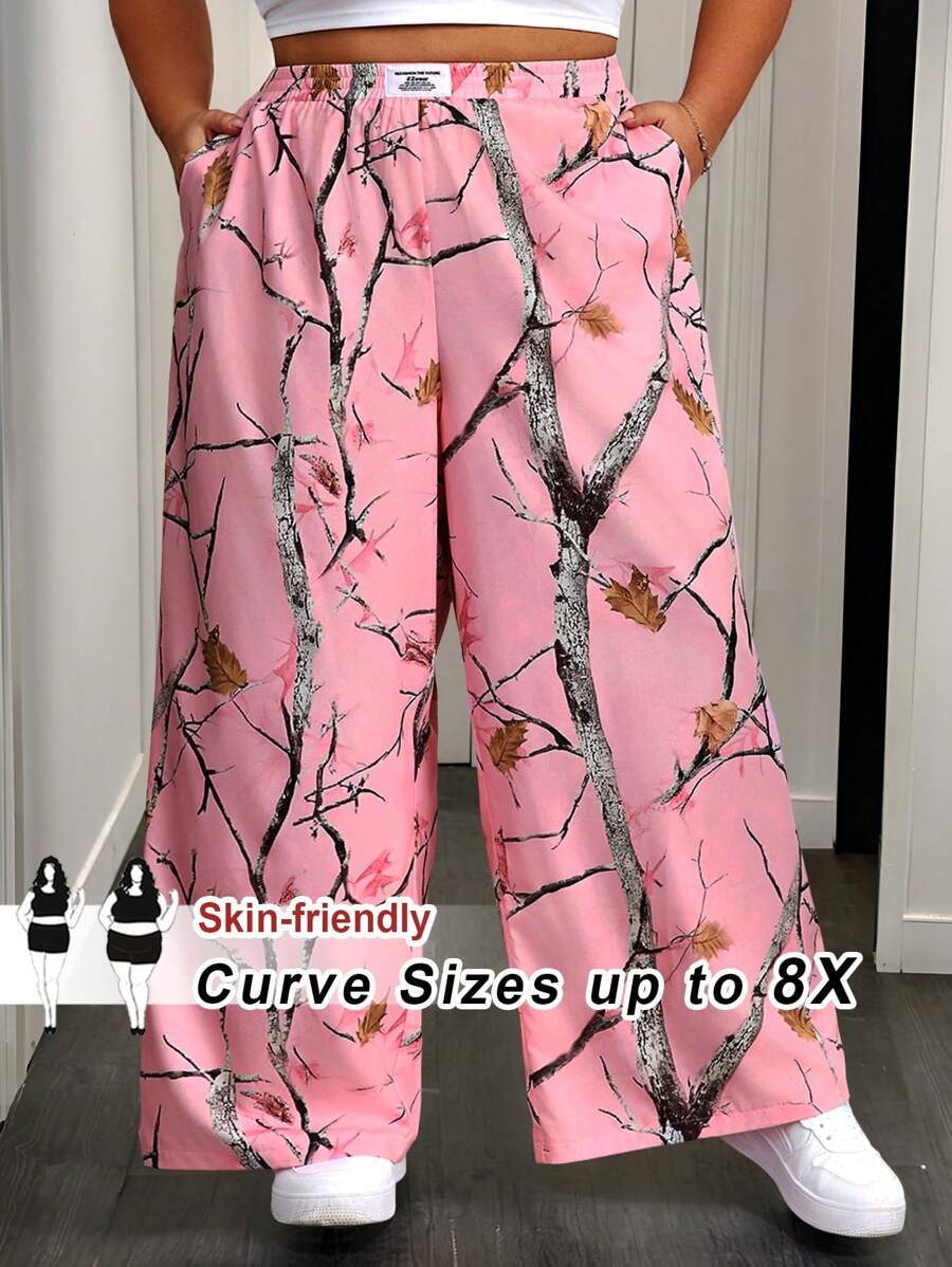 SHEIN CURVE+ 大码女式休闲简约风格日常穿着裤，曲线加大，波西米亚度假风