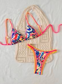 Swim Vcay 2pcs Allover Print Floral Rolled Edge Knitted Women Swimsuit For Summer Beach Vacation - Multicolor - View 6
