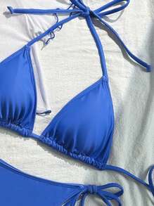 Swim Mod Blue Halter Tie Bikini Set With Printed Short Sleeve Top - Navy Blue - View 3