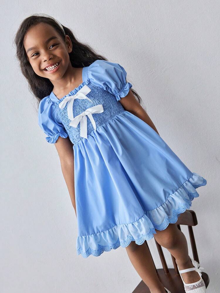 Young Girl's Casual Vintage Square Collar Puff Sleeve Waist Tie Bow Decor Flared Hem Embroidery Ruffle Splice Blue Color Dress, Fashionable Versatile Wear For Spring & Summer, Outing, Home, School