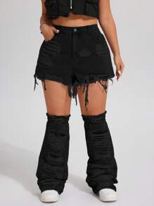 SHEIN ICON 大码牛仔短裤配长袜 - 性感迷你短裤套装 - 黑色 - 查看 3