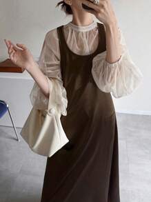 FRIFUL Women's Simple Solid Color Round Neck Camisole Dress, Summer - Brown - View 6