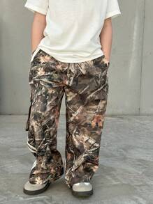 SHEIN 1 件年轻男孩休闲运动可爱日常舒适街头印花腰带直筒裤，适合外出、学校、聚会、春夏秋冬季节、返校、秋季迷彩裤迷彩工装裤男童迷彩裤男童迷彩裤男童工装裤