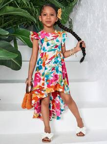 SHEIN Leap Crew 小女孩时尚幼儿女孩日常休闲碎花圆领梭织连衣裙 - 白色 - 查看 4