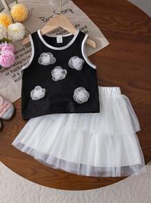 SHEIN 2pcs/Set Young Girl Fashion Contrast Color 3D Floral Decor Sleeveless Round Neck Top And Mesh Skirt Set, Versatile For Daily Wear And Outdoor Vacation, Spring/Summer  Holiday  Travel  Summer  Relax