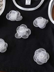 SHEIN 2pcs/Set Young Girl Fashion Contrast Color 3D Floral Decor Sleeveless Round Neck Top And Mesh Skirt Set, Versatile For Daily Wear And Outdoor Vacation, Spring/Summer  Holiday  Travel  Summer  Relax