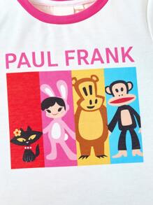 Paul Frank X SHEIN Conjunto de 2 piezas de verano para niña con camiseta de manga corta con diseño de bloque de color y estampado de rompecabezas y shorts con dobladillo con volantes - Rosa - Ver 5