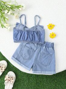 SHEIN 2 件装少女蓝色牛仔吊带蝴蝶荷叶边背心和短裤套装 - 淺色水洗藍 - 查看 2