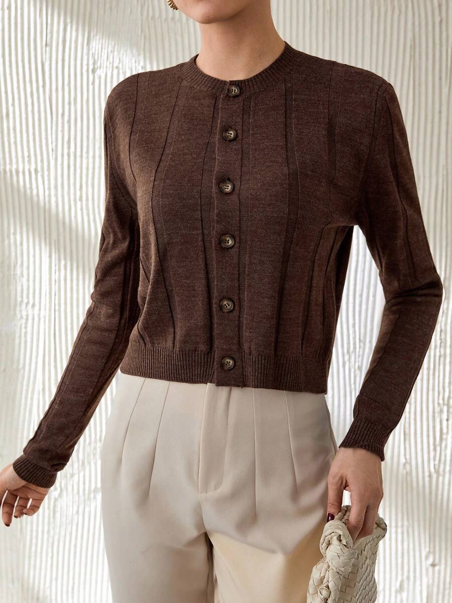 EURMUSE Chic Ribbed Knit Button-Up Cardigan In Deep Charcoal With Round Neckline And Fitted Long Sleeves,Cardigans,Petite,Tall - Brown - View 1
