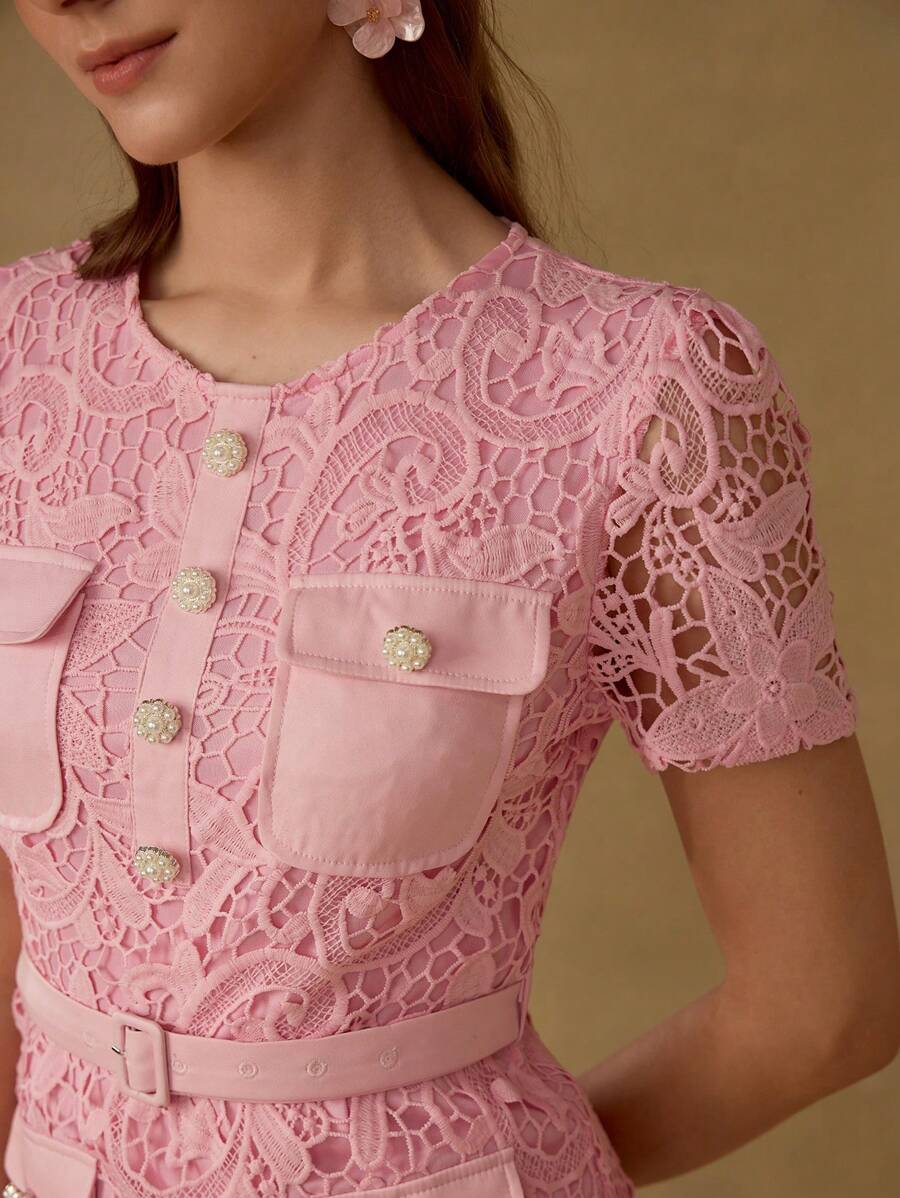 MOTF PREMIUM GUIPURE LACE ZIPPER BACK DRESS - Pink - View 2