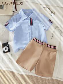 SHEIN Set 2 buc. cămașă și pantaloni scurți cu dungi confortabili pentru băieți tineri
