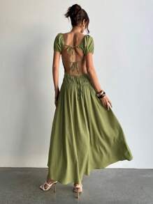Aloruh Green Backless V-Neck Short Sleeve Dress - Green - View 5