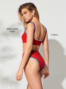 GLOWMODE Summer Quick Dry Chlorine Resistant Removable Cups Colorblock Trim Square Neck Bikini Top Swimming Beach Pool Vacation Resort Travel Summer Wear