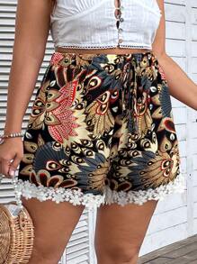 Breezaya Regular Plus Size Bohemian Printed Contrast Lace Shorts - Multicolor - View 3