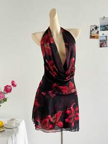 Soleia Robe d'été à encolure drapée, sans dos, plissée, à encolure drapée et superposée - Multicolore - Voir 5