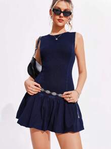 Flexra Vestito di jeans casual da donna, con collo rotondo, senza maniche, con orlo plissettato