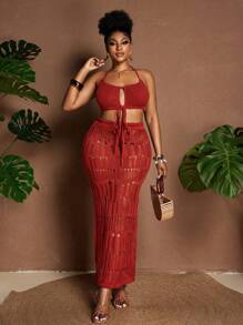 Maweii Plus Size Women's Sweater Sexy Knit Set For Vacation Halter Vest + Cutout Drawstring Dress Summer Beach Women Outfits - Rust Brown - View 4
