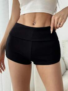 SHEIN EZwear 女士纯色翻腰休闲短裤 - 黑色 - 查看 5