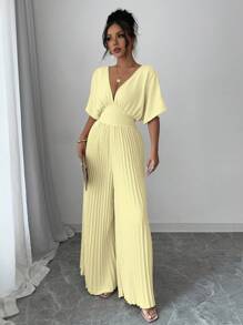 Lyxana Solid Color Deep V-Neck Bat-Wing Pleated Elegant Women's Jumpsuit - Yellow - View 3
