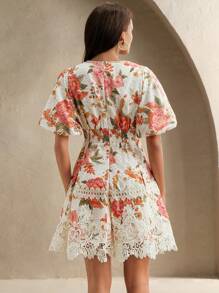 Anewsta Vestido informal para mujer con cuello en V de gasa, con estampado floral de peonía y aplicaciones de encaje