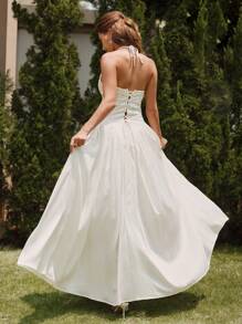 SHEIN Unity Vestido maxi elegante de un solo color con cuello halter, espalda descubierta y sin mangas - Blanco - Ver 2