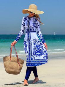 Swim Mulvari Vestido con cierre frontal con estampado de girasoles azul y blanco con estilo bohemio, con pantalones y mangas largas, conjunto casual elegante para primavera/verano, resort, playa