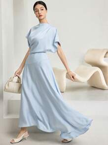 Heiryn 女士优雅纯色蝙蝠袖长裙 - 淺藍色 - 查看 4