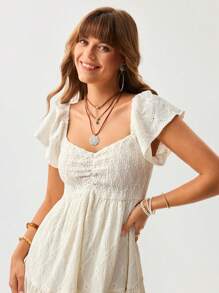 Wildy Western Romantic Casual Vacation Ruffled Knit Textured Lace White Mini Dress, Summer Boho Chic All White Country Dresses For Women Vacation Dress Graduation Dress - White - View 6