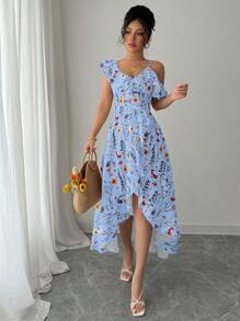 Selianne Summer Elegant Asymmetric Ruffle Hem Floral Print Dress - Blue - View 5