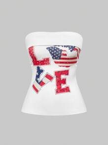 ROMWE Grunge Punk Concert Women Flag & Lips Print Strapless Crop Top - White - View 5