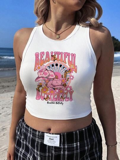 Veykashi Casual Minimalist Pink Western Cowboy Hat Pattern Loose Fit Round Neck Tank Top For Plus Size Women, Suitable For Summer