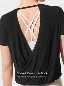 GLOWMODE TENCEL™ Modal Sun Chaser Lightweight Silky Smooth Cropped Short Sleeve Open Back Active Top Low Impact Yoga Pilates Studio Gym Daily - Black - View 3