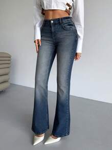 EURMUSE Petite Low Waist Tinted Wash Flare Jean - Medium Wash - View 4