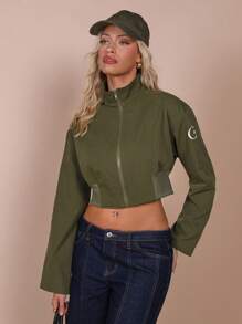 COSMINA 女式前拉链长袖图案细节简约休闲短夹克 - 棕色 - 查看 5