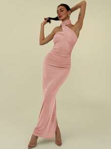 Aloruh Elegant One Shoulder Ruffle Design Slim Fit Pleated Sparkly Long Straight Dress - Pink - View 7
