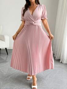 SHEIN Unity Plus Size Women V-Neck Short Sleeve Woven Solid Color Dress With Waist Cross Design, Pleated Flared Long Hem, High-End Elegant & Romantic Maxi Dress - Dusty Pink - View 3