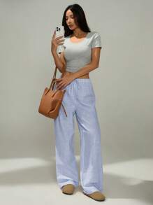 SHEIN PETITE Pantalones casuales de rayas rosa y blanco para el hogar, adecuados para primavera y verano, para damas de estatura baja