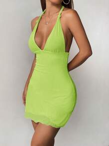 SHEIN PETITE Damen Hellgelbes Neckholder-Kleid aus Netzstoff