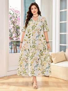 Lacomfia Vestido casual de manga corta con cuello en V y estampado de plantas, adecuado para el verano, tallas grandes