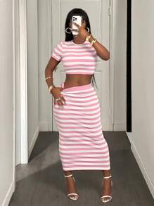 BamGleam Bộ 2 món/Bộ áo crop top kẻ sọc thường ngày mùa hè cho nữ và chân váy ngắn - Nhiều màu - Xem 5