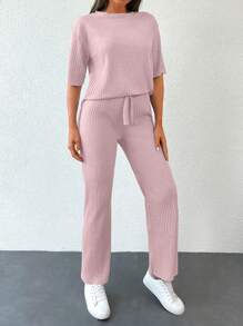 EURMUSE Dwuczęściowy komplet damski z dzianiny bawełnianej w jednolitym kolorze, z krótkim rękawem i długimi spodniami