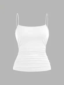 SHEIN EZwear Bộ 4 áo ba lỗ thường ngày cho nữ có xếp ly bên hông, màu đen, hồng, xám, trắng, thích hợp cho mùa hè - Nhiều màu - Xem 11