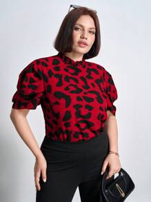 SHEIN Clasi Áo cánh tay bồng họa tiết da báo Plus, trang phục công sở giản dị cho nữ - Đỏ - Xem 1