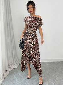 Firerie Women's Summer Dress With Asymmetrical Shoulder, Short Sleeves, Pleated Front Panel, Asymmetrical Hem Design In Woven Fabric, Daily Casual Versatile Style