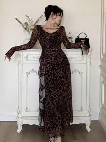 Modelyn Women's Leopard Printed Mesh Ruffle Tie Elegant Summer Sheer Dress - Coffee Brown - View 6